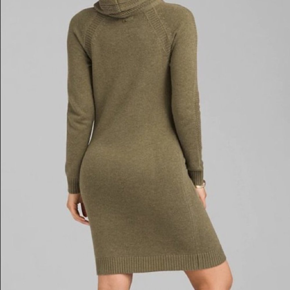 Prana Bisque Knee-Length Cowl Sweater Dress S Wool Blend Olive Green - Picture 2 of 11
